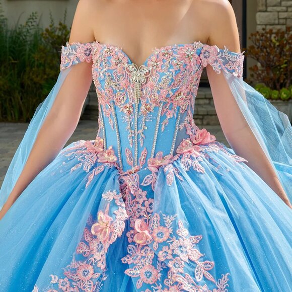 New Layered Bahama Blue Off The Shoulder Quinceanera Gown w/ Lace up Back GL3708 - Picture 5 of 13